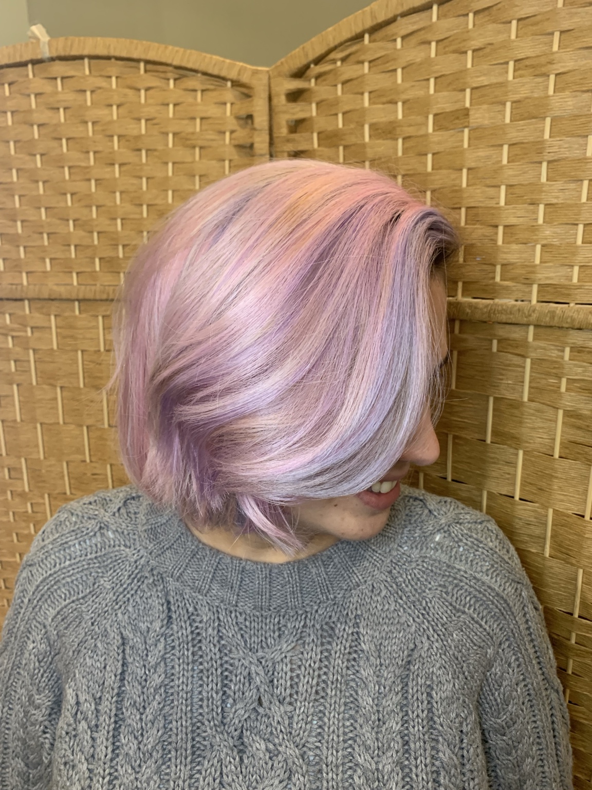 Soft lavender and blush creative color on a short bob